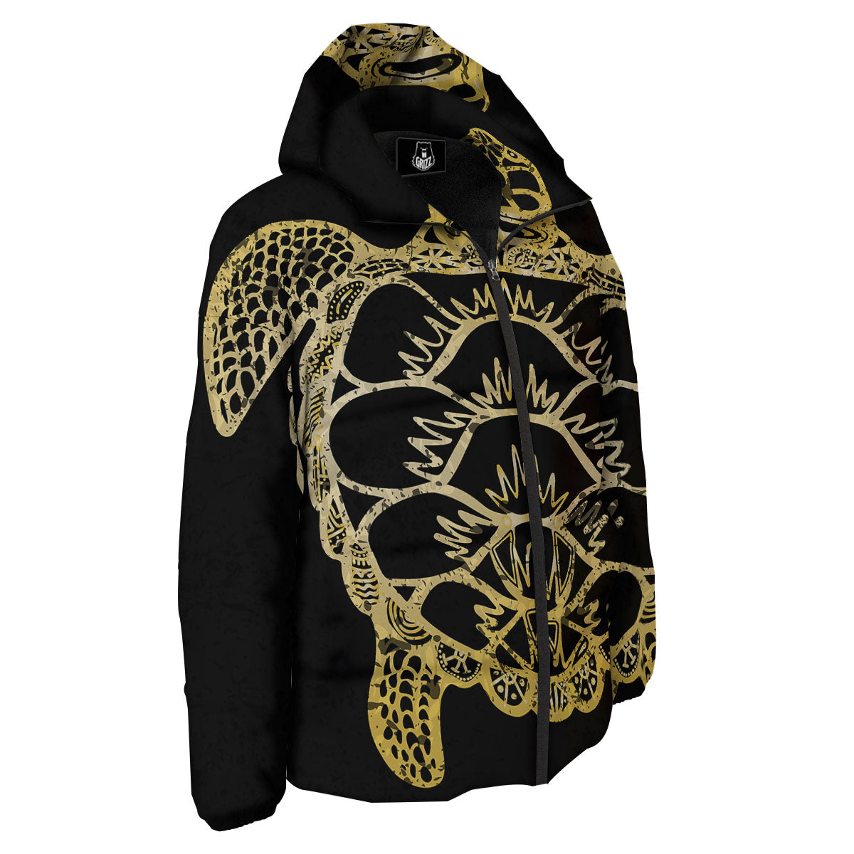 Sea Turtle Gold And Black Print Down Jacket-grizzshop