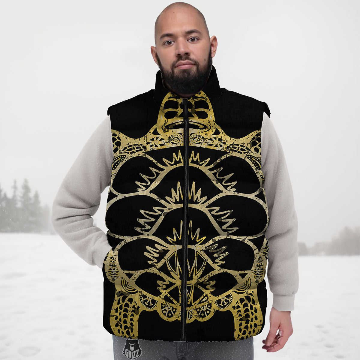 Sea Turtle Gold And Black Print Down Vest