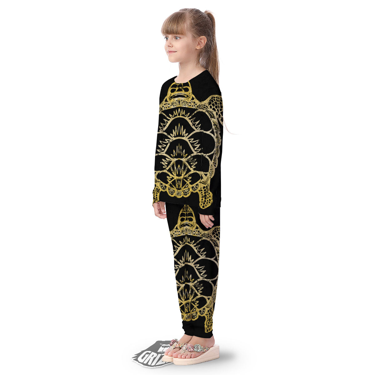 Sea Turtle Gold And Black Print Kid's Pajamas-grizzshop
