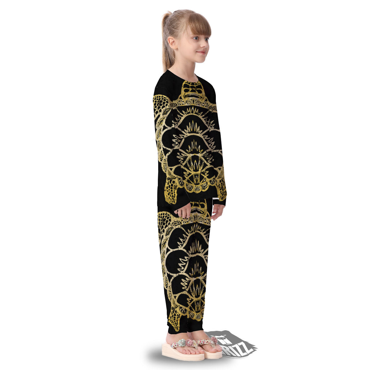 Sea Turtle Gold And Black Print Kid's Pajamas-grizzshop