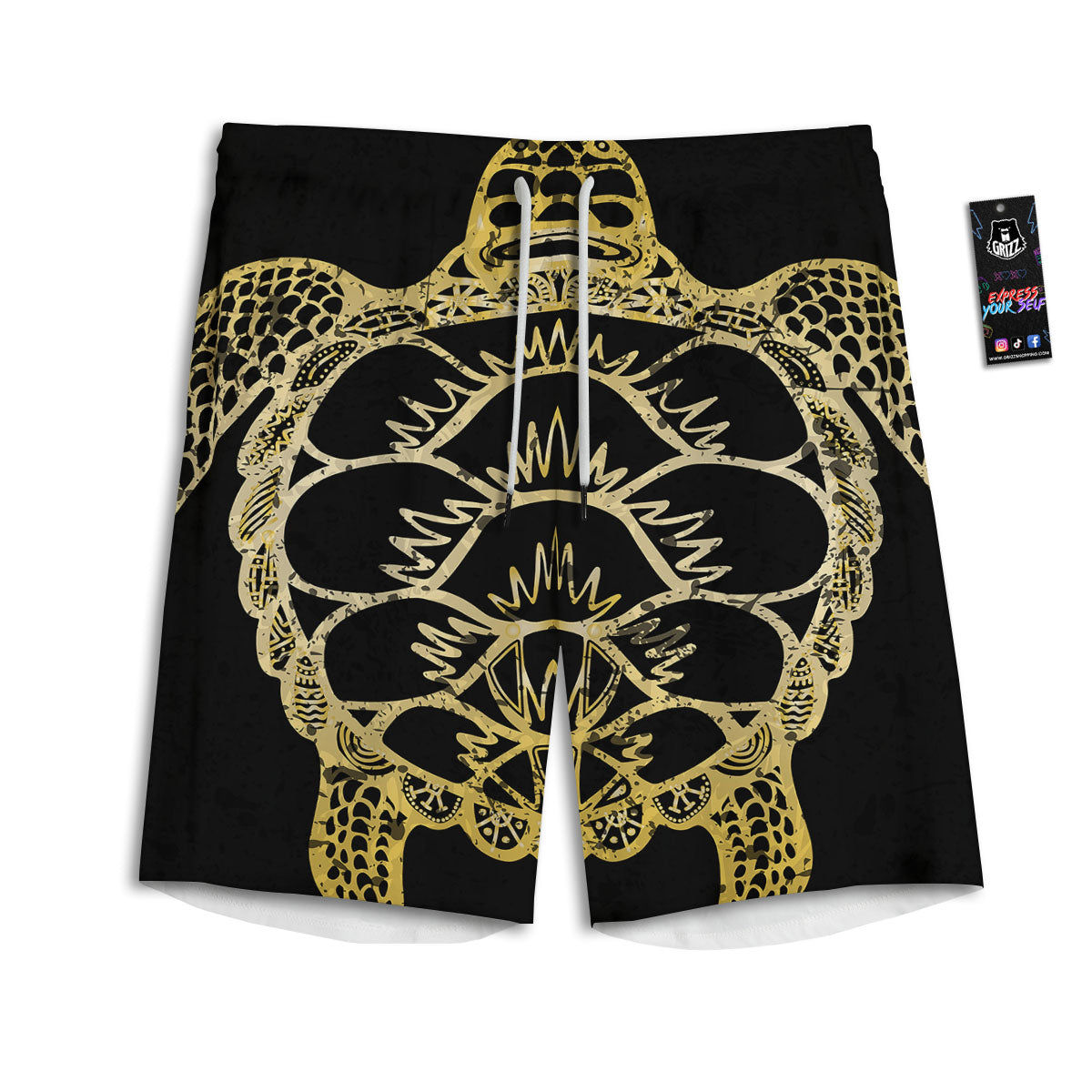 Sea Turtle Gold And Black Print Men's Athletic Shorts