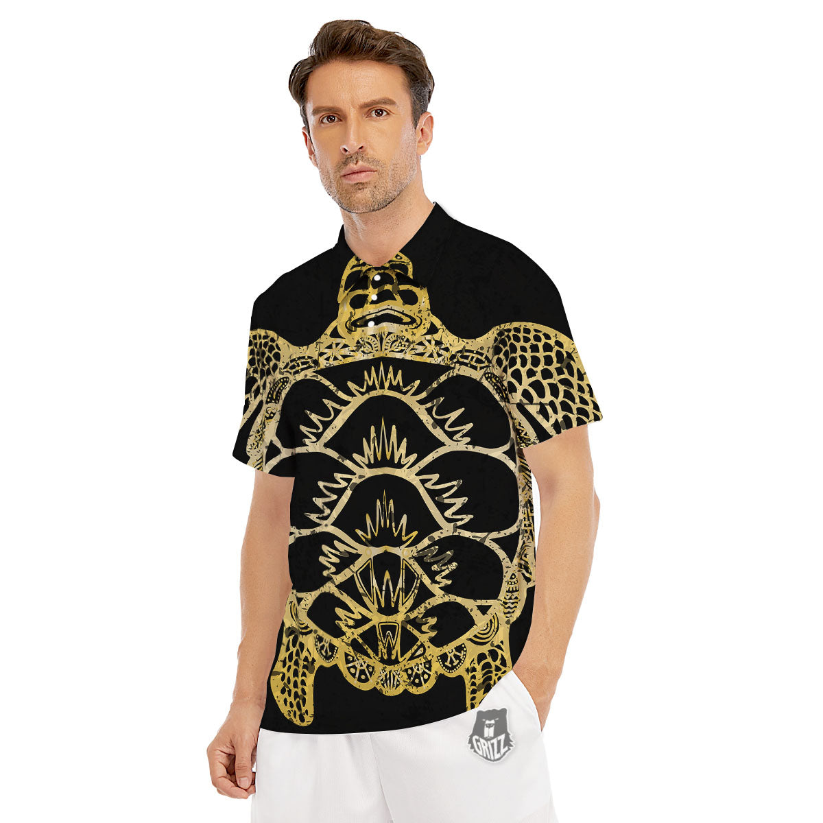 Sea Turtle Gold And Black Print Men's Golf Shirts-grizzshop
