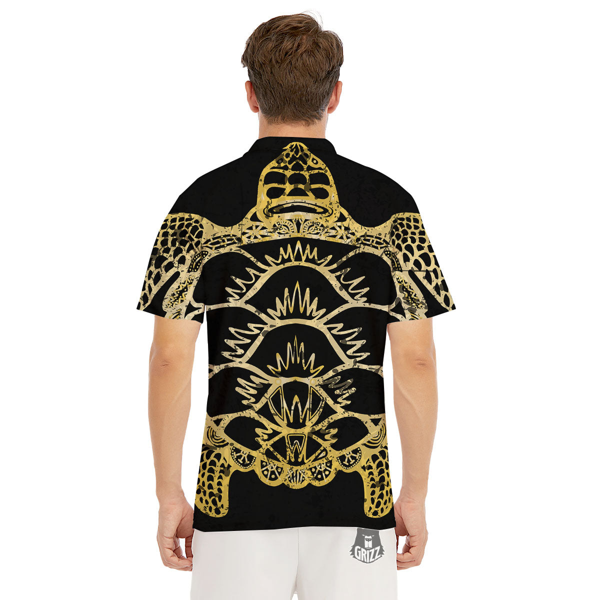 Sea Turtle Gold And Black Print Men's Golf Shirts-grizzshop