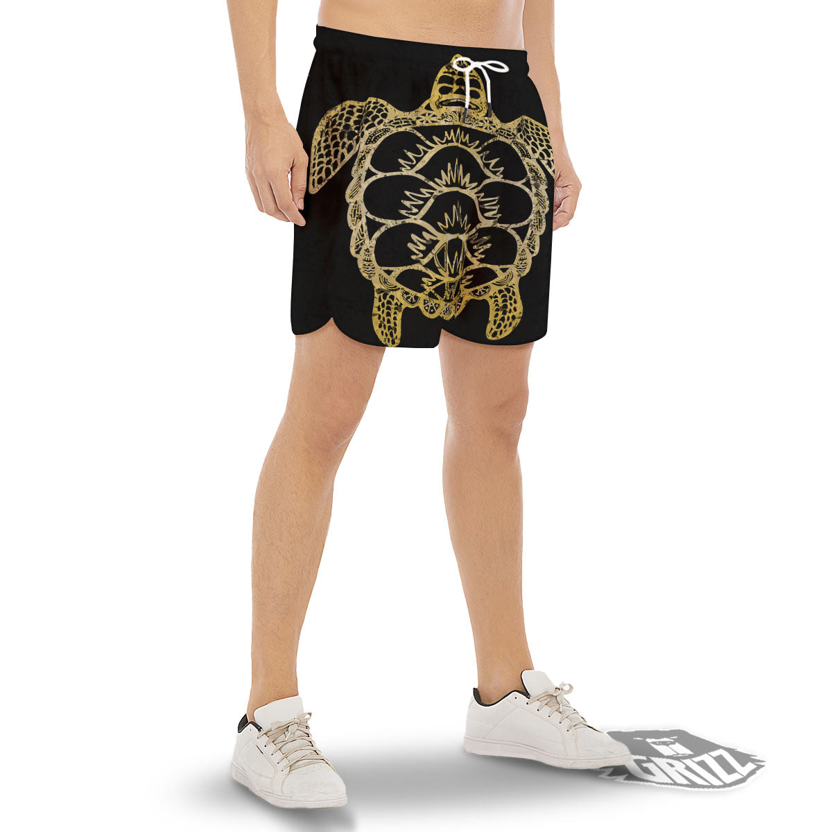 Sea Turtle Gold And Black Print Men's Gym Shorts-grizzshop