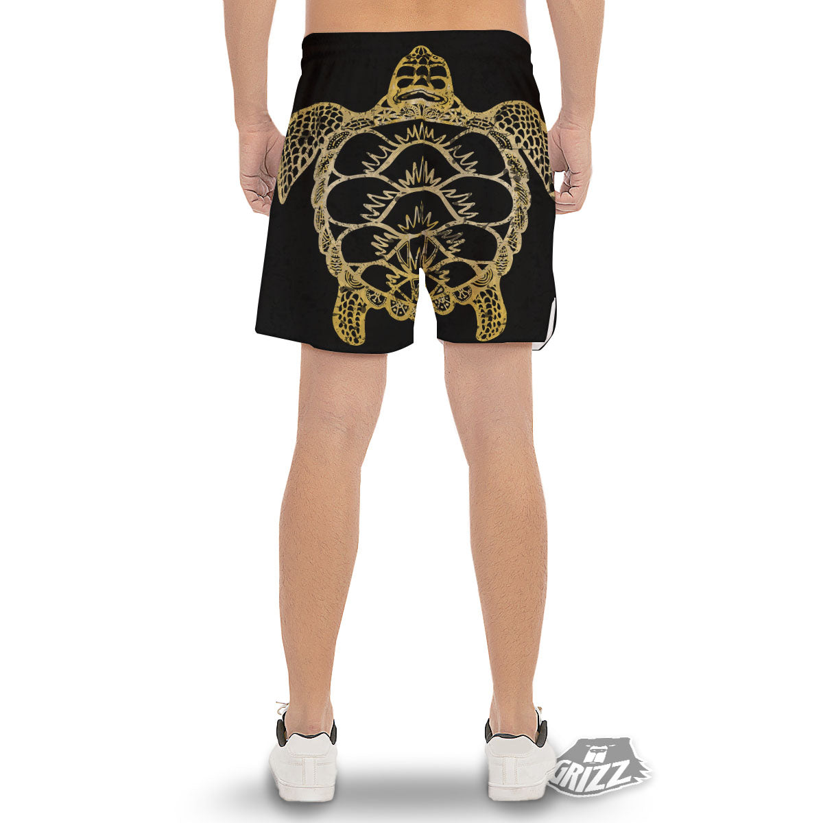 Sea Turtle Gold And Black Print Men's Gym Shorts-grizzshop