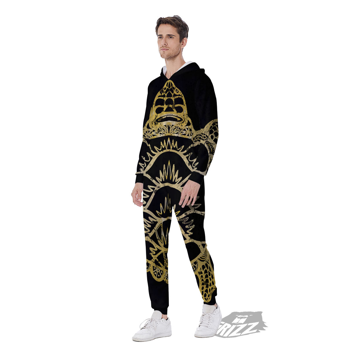 Sea Turtle Gold And Black Print Men's Jumpsuit-grizzshop
