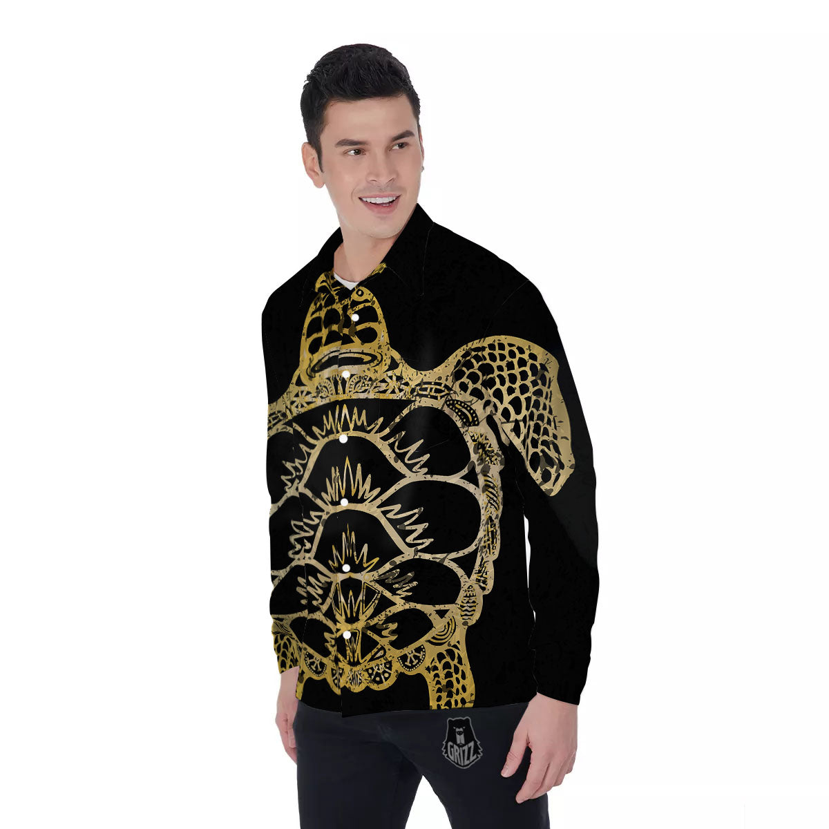 Sea Turtle Gold And Black Print Men's Long Sleeve Shirts-grizzshop