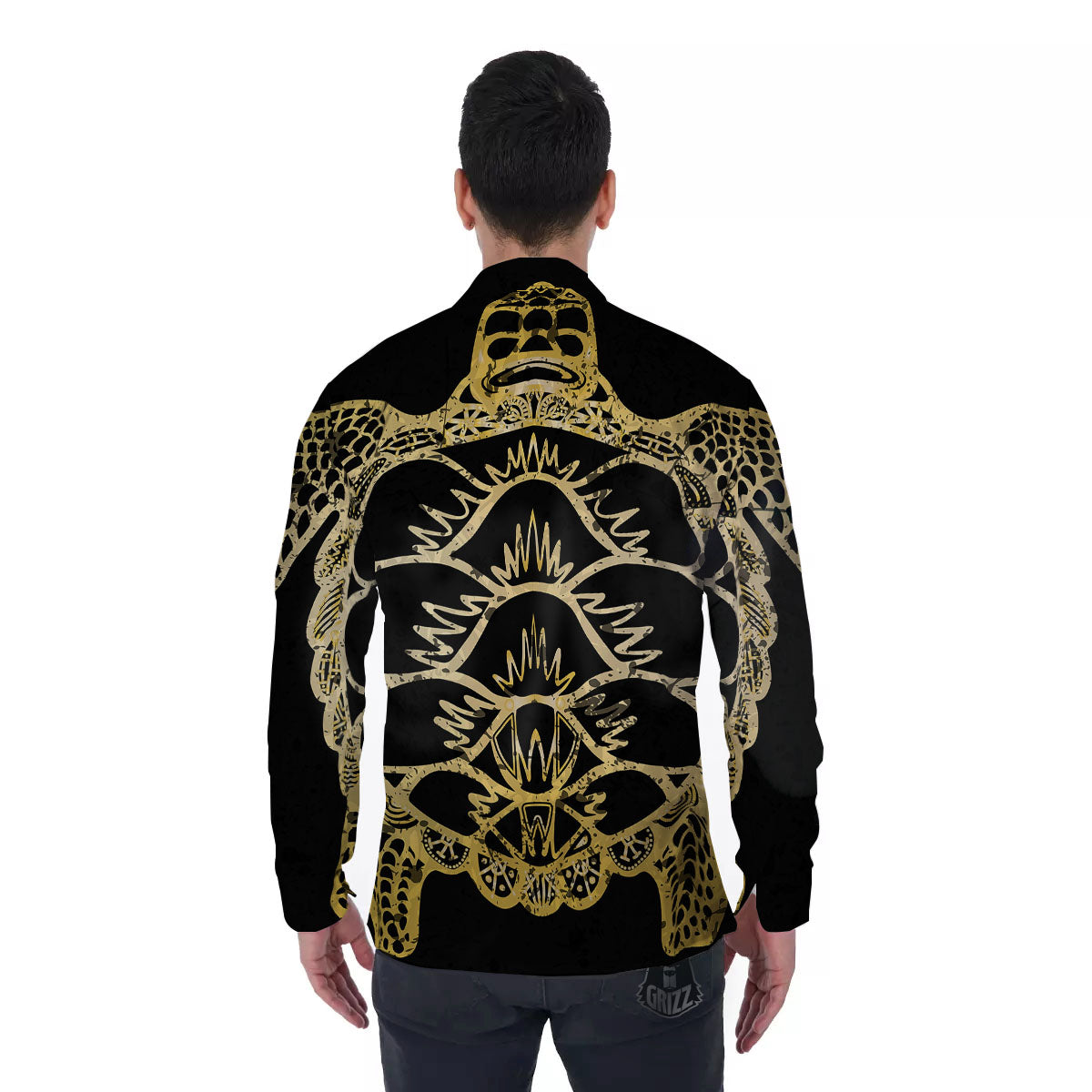 Sea Turtle Gold And Black Print Men's Long Sleeve Shirts-grizzshop