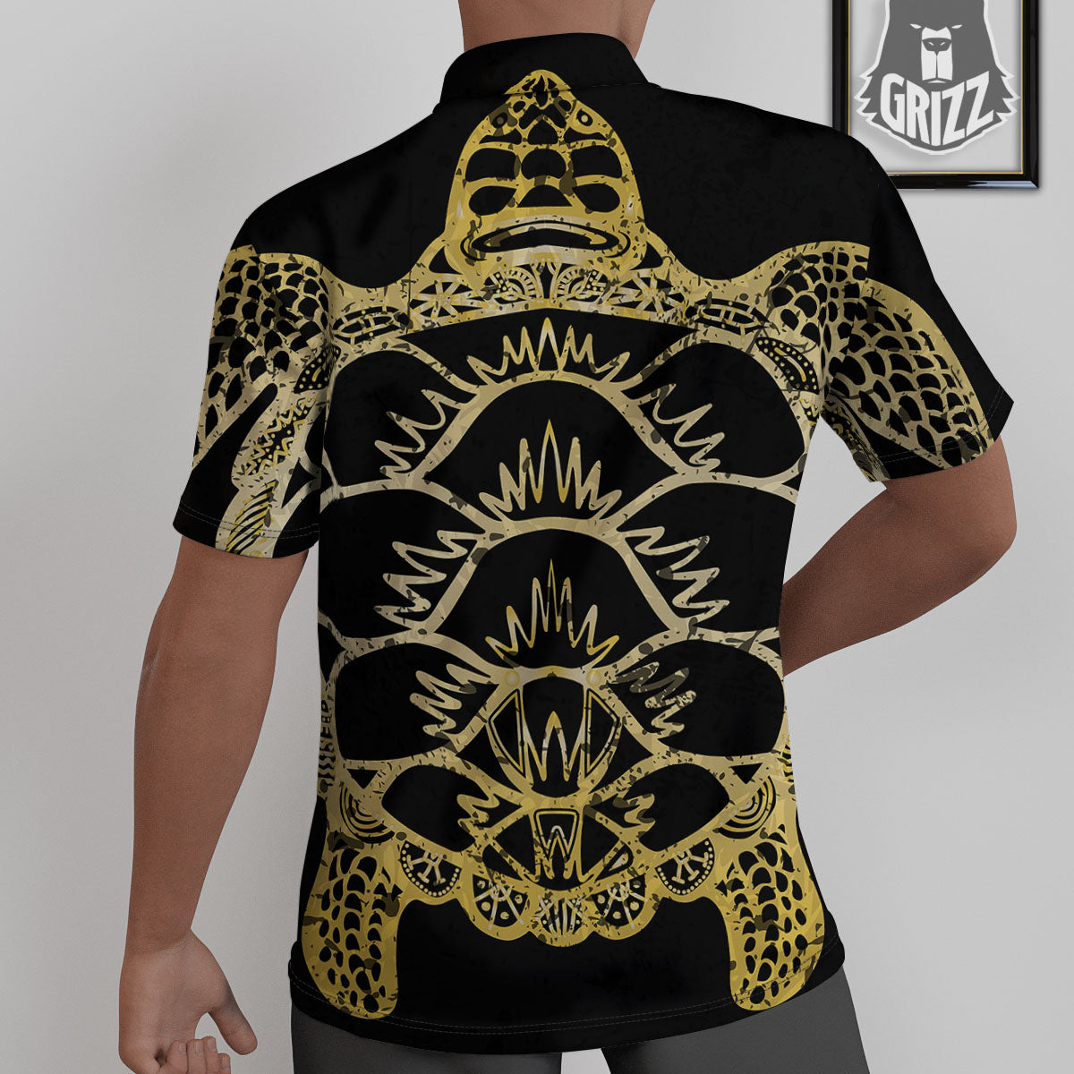 Sea Turtle Gold And Black Print Untucked Shirts-grizzshop