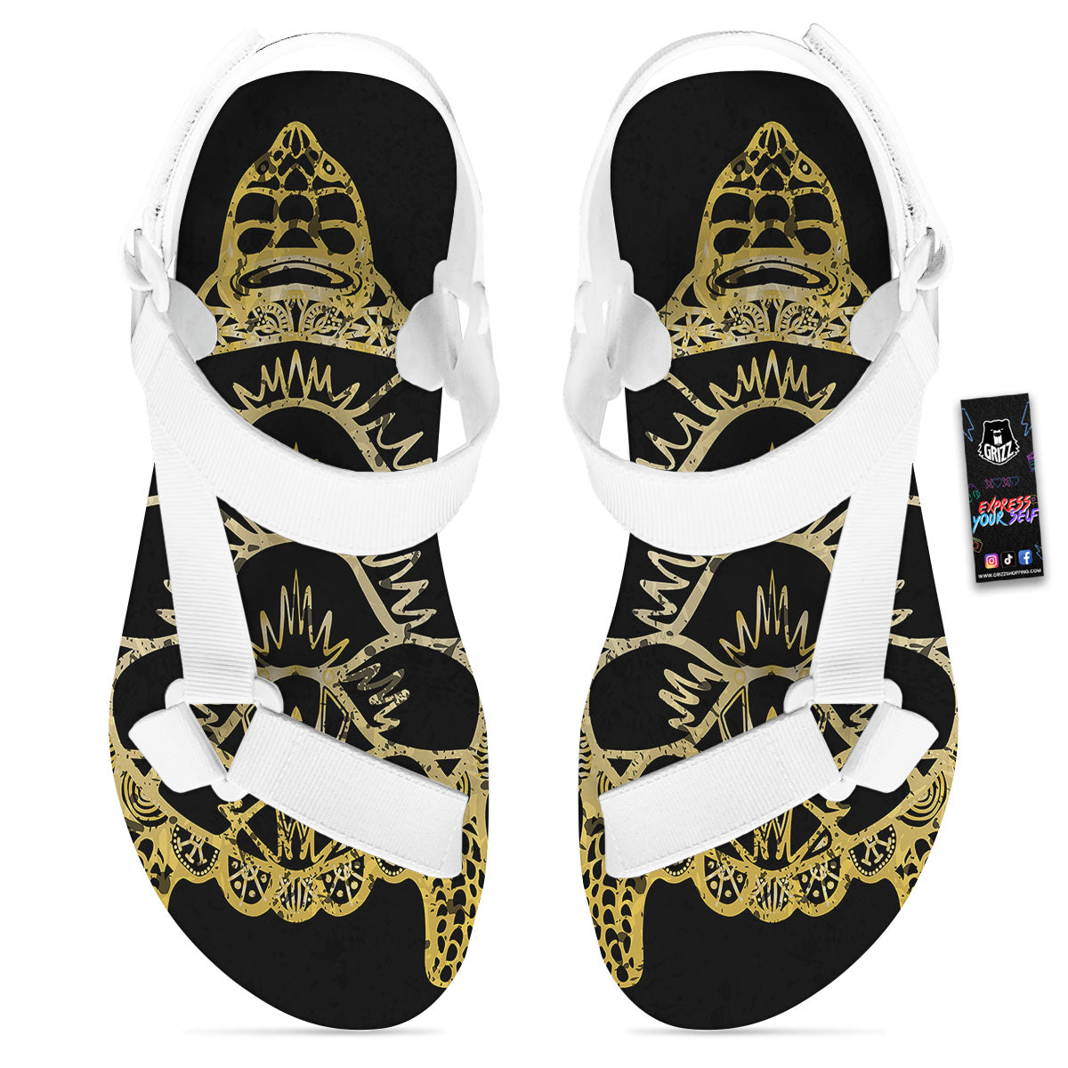 Sea Turtle Gold And Black Print White Open Toe Sandals-grizzshop