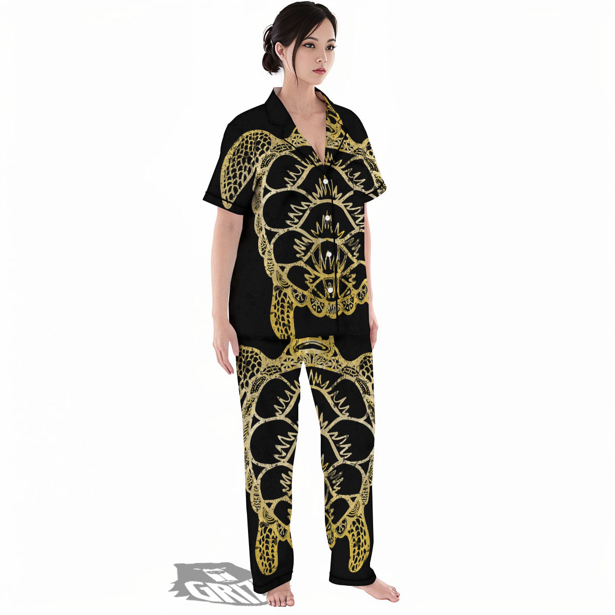 Sea Turtle Gold And Black Print Women's Pajamas Set-grizzshop