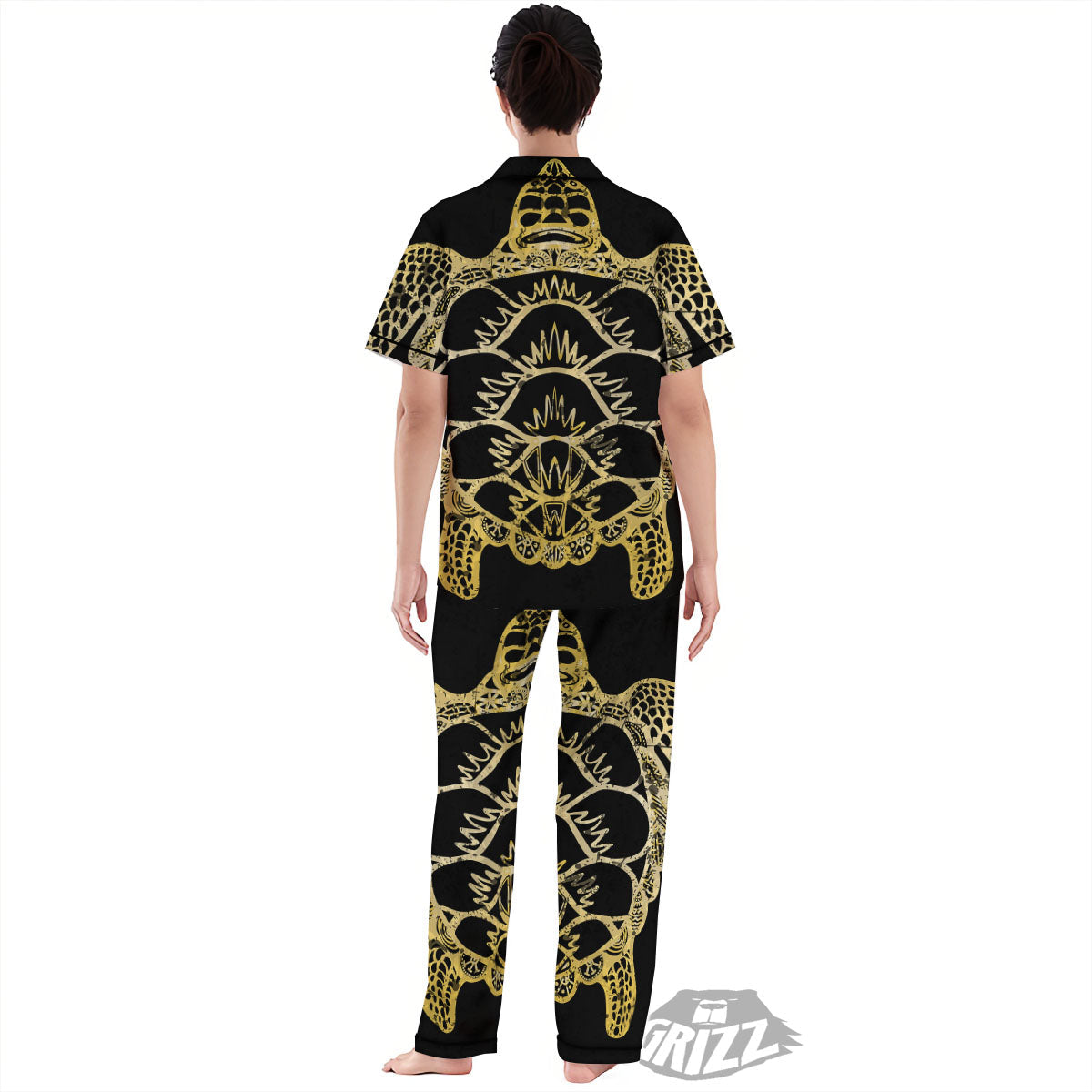 Sea Turtle Gold And Black Print Women's Pajamas Set-grizzshop