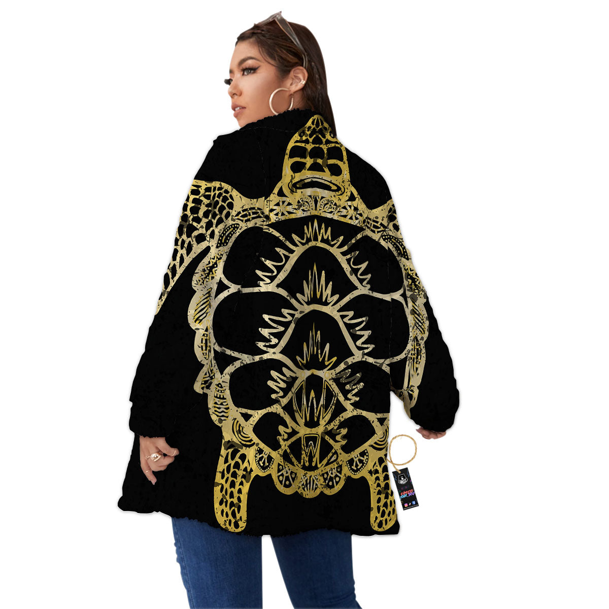 Sea Turtle Gold And Black Print Women's Sherpa Jacket-grizzshop
