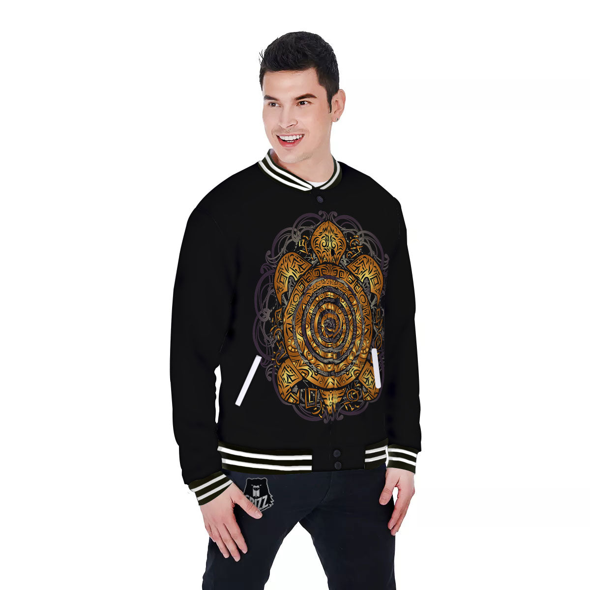 Sea Turtle Golden Tribal Print Baseball Jacket-grizzshop