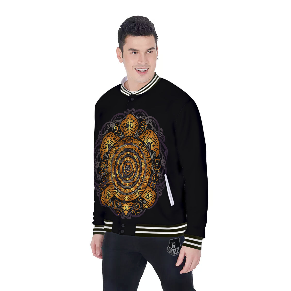 Sea Turtle Golden Tribal Print Baseball Jacket-grizzshop