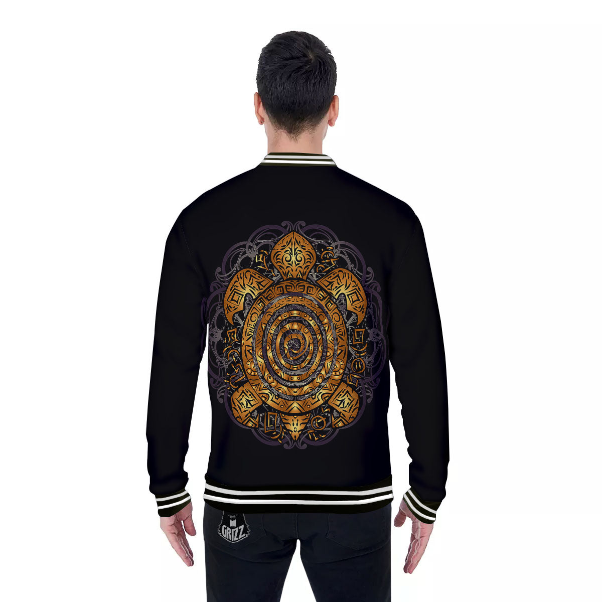 Sea Turtle Golden Tribal Print Baseball Jacket-grizzshop
