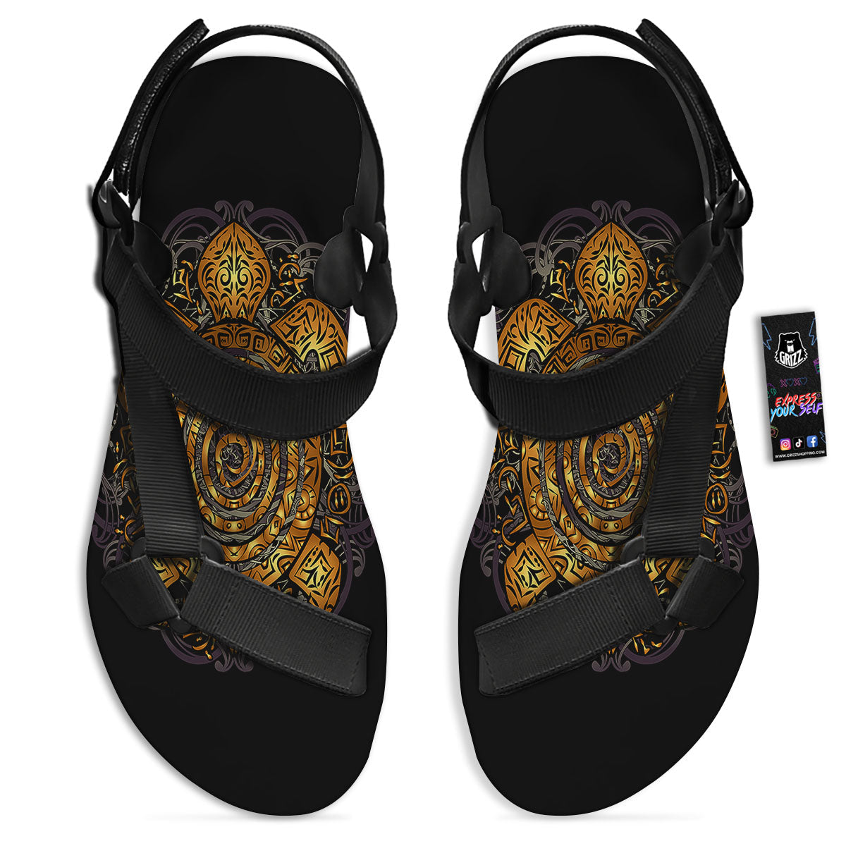Sea Turtle Golden Tribal Print Black Open Toe Sandals-grizzshop