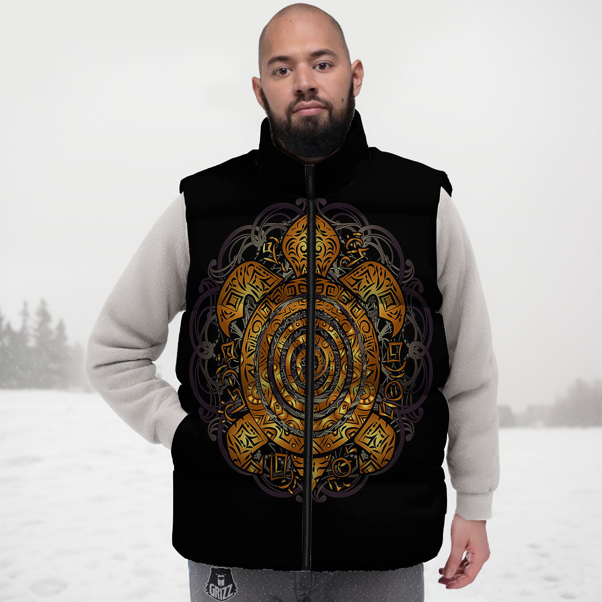 Sea Turtle Golden Tribal Print Down Vest