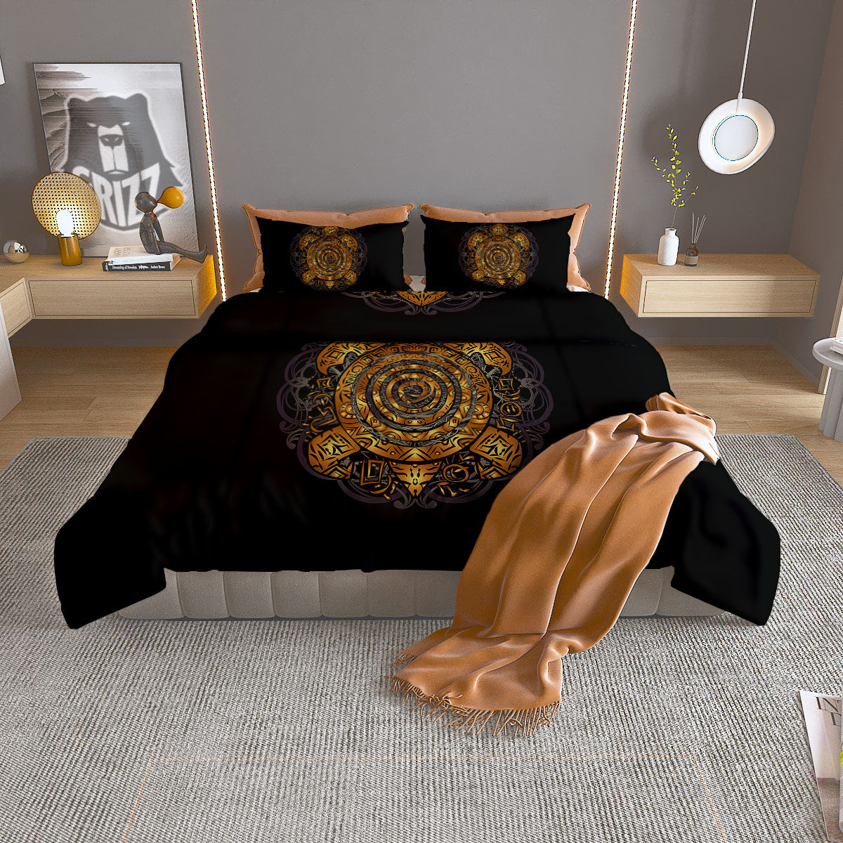 Sea Turtle Golden Tribal Print Duvet Cover Bedding Set