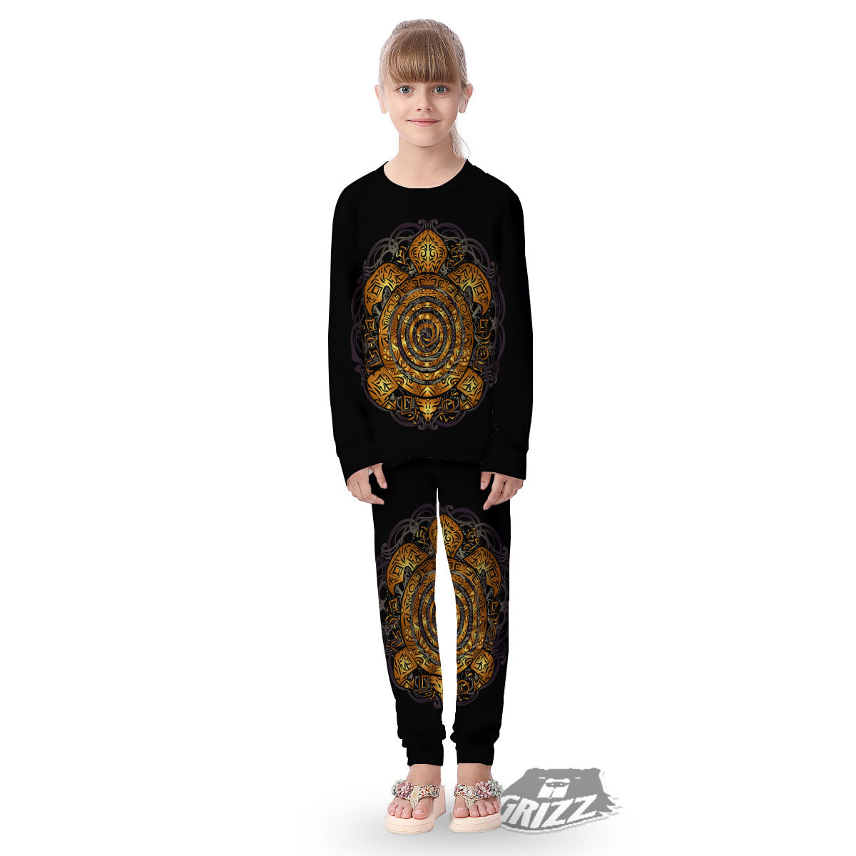 Sea Turtle Golden Tribal Print Kid's Pajamas-grizzshop