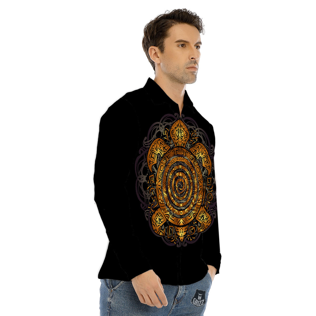 Sea Turtle Golden Tribal Print Men's Dress Shirts-grizzshop