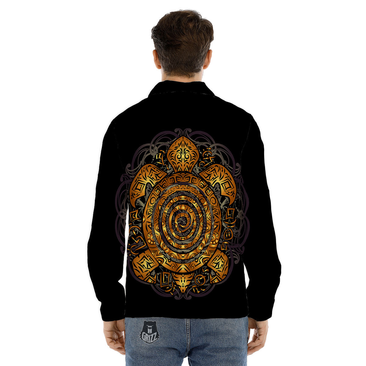 Sea Turtle Golden Tribal Print Men's Dress Shirts-grizzshop