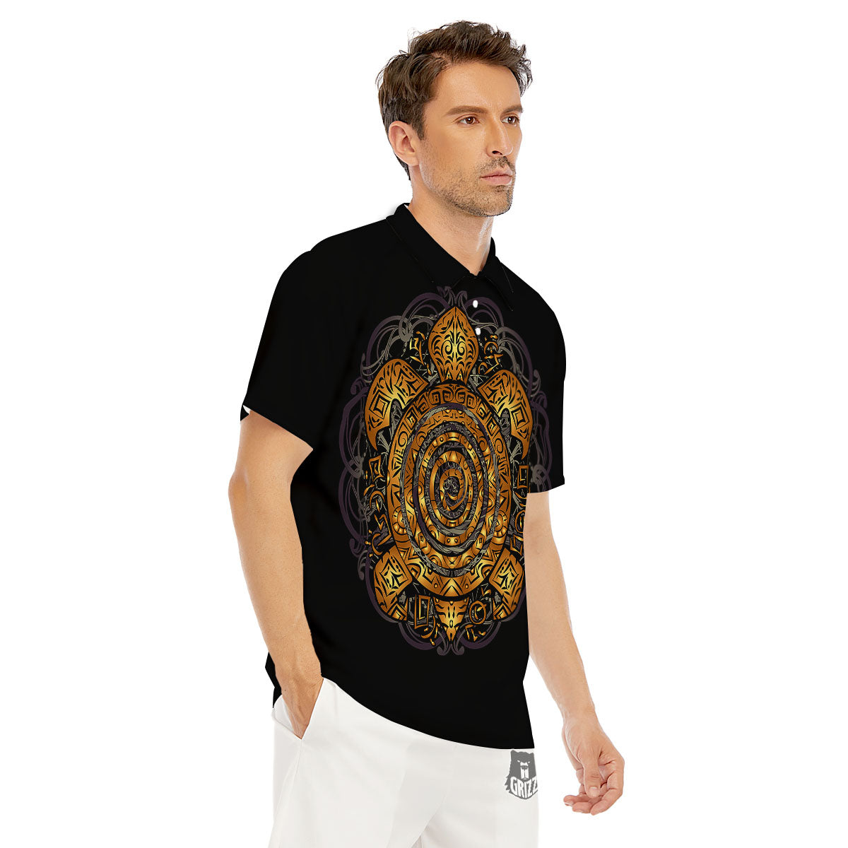 Sea Turtle Golden Tribal Print Men's Golf Shirts-grizzshop