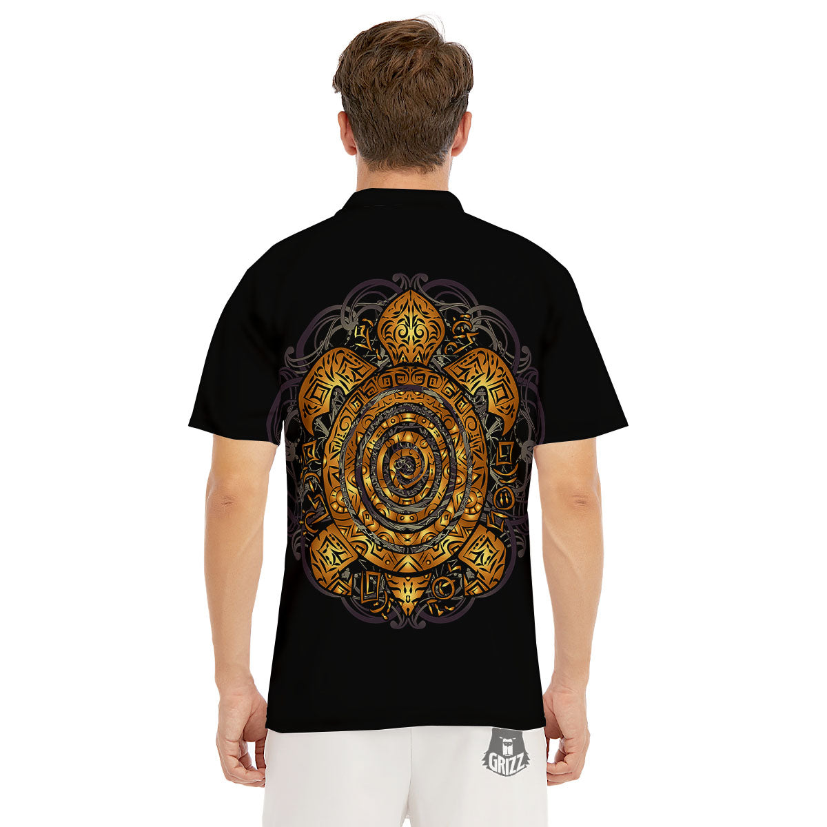 Sea Turtle Golden Tribal Print Men's Golf Shirts-grizzshop
