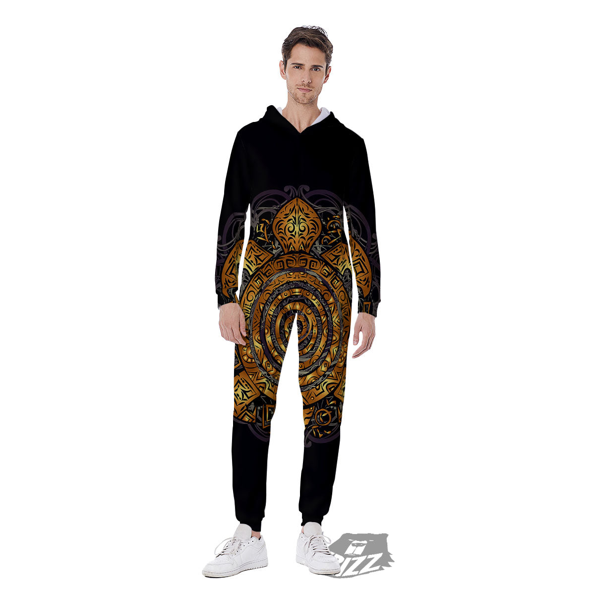 Sea Turtle Golden Tribal Print Men's Jumpsuit-grizzshop
