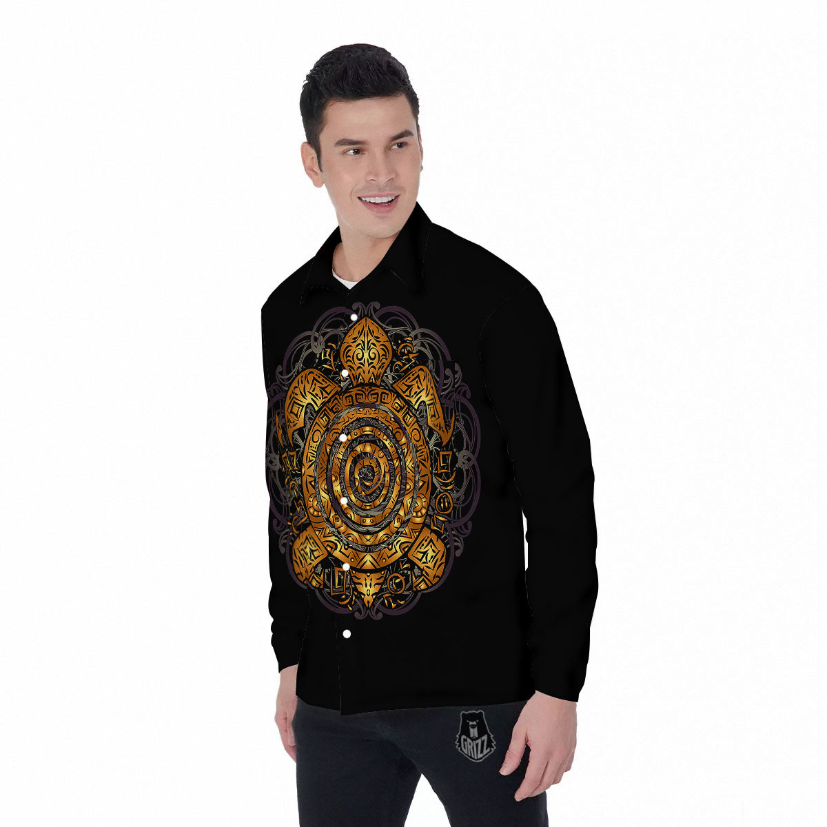 Sea Turtle Golden Tribal Print Men's Long Sleeve Shirts-grizzshop