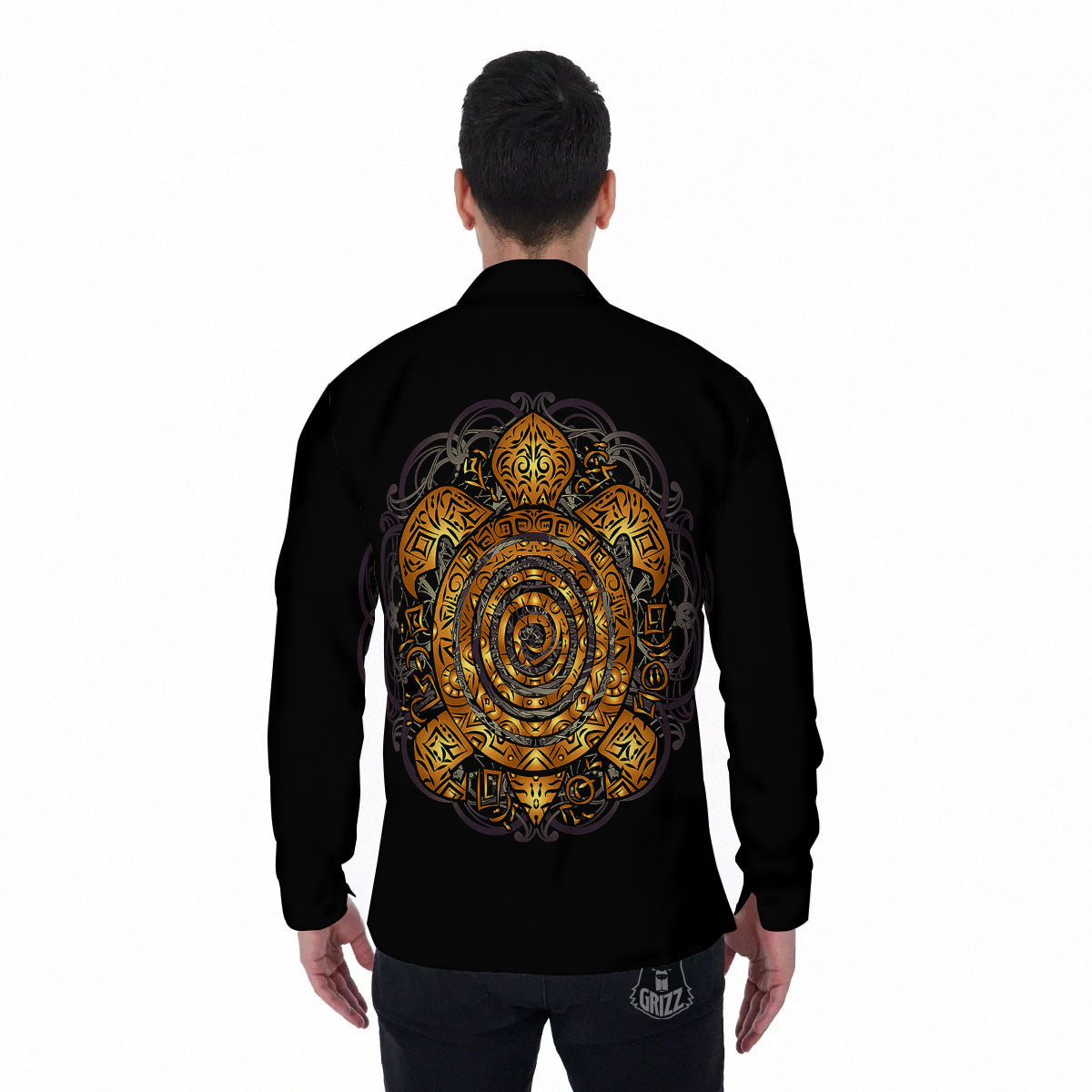 Sea Turtle Golden Tribal Print Men's Long Sleeve Shirts-grizzshop