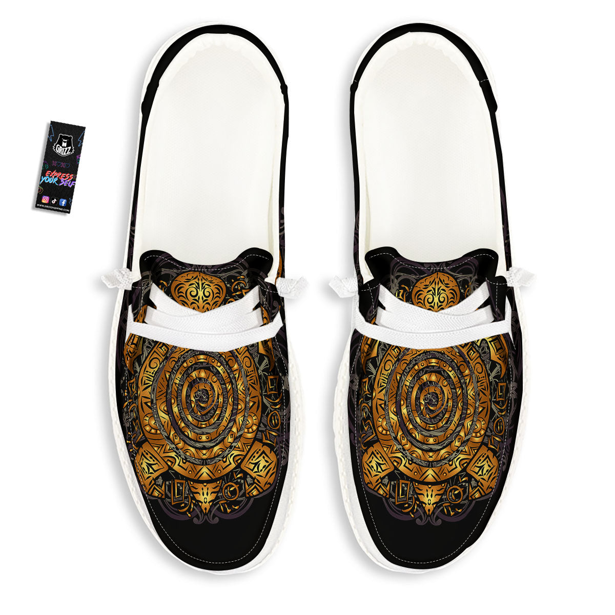 Sea Turtle Golden Tribal Print White Loafers-grizzshop
