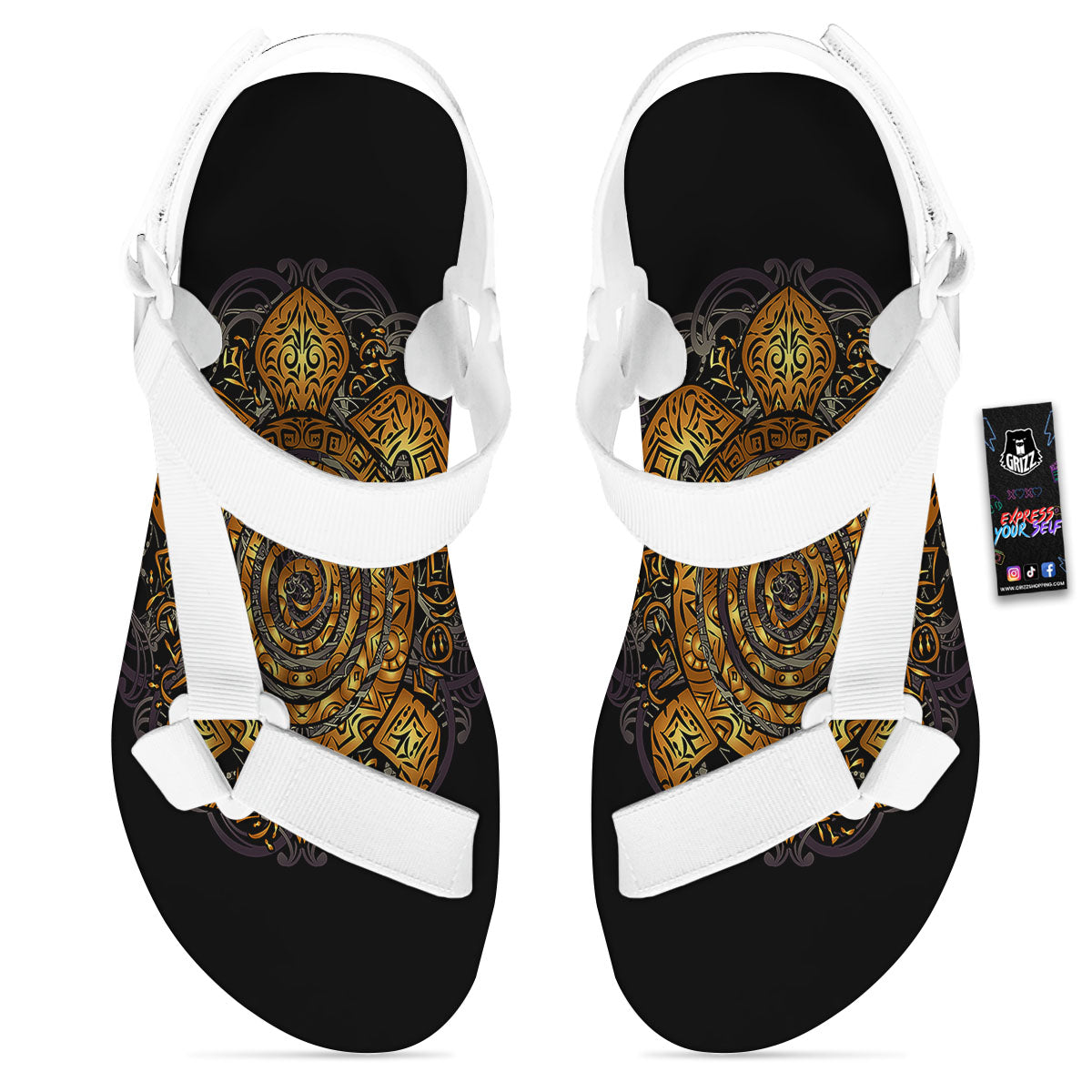 Sea Turtle Golden Tribal Print White Open Toe Sandals-grizzshop