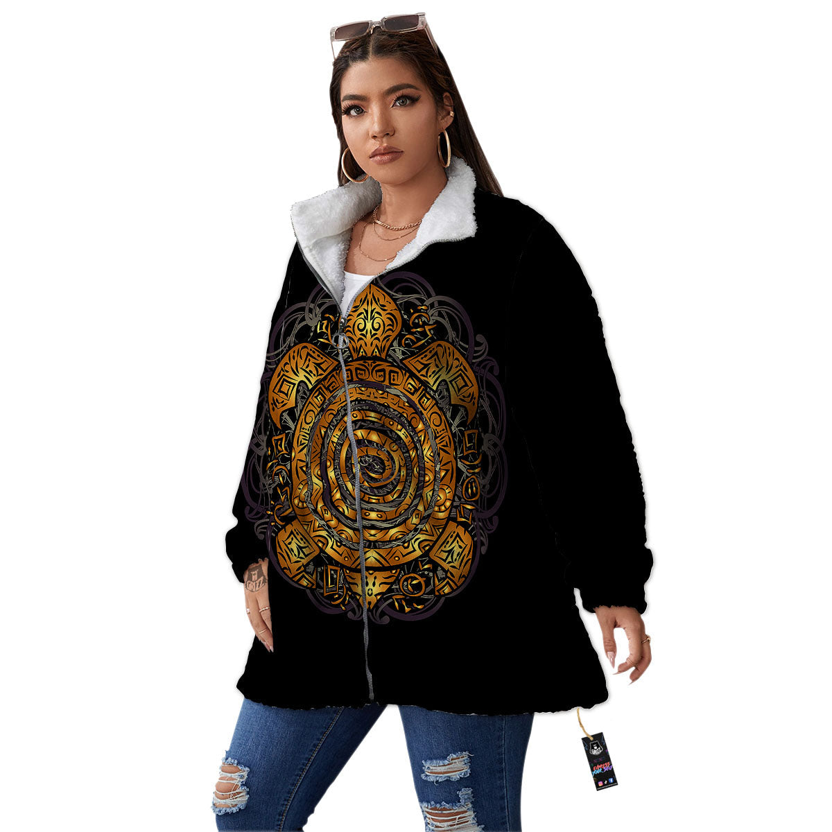 Sea Turtle Golden Tribal Print Women's Sherpa Jacket-grizzshop