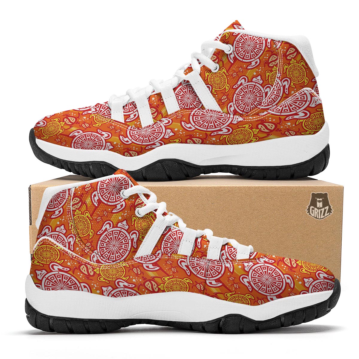 Sea Turtle Hawaiian Orange Pattern Print White Bball Shoes-grizzshop