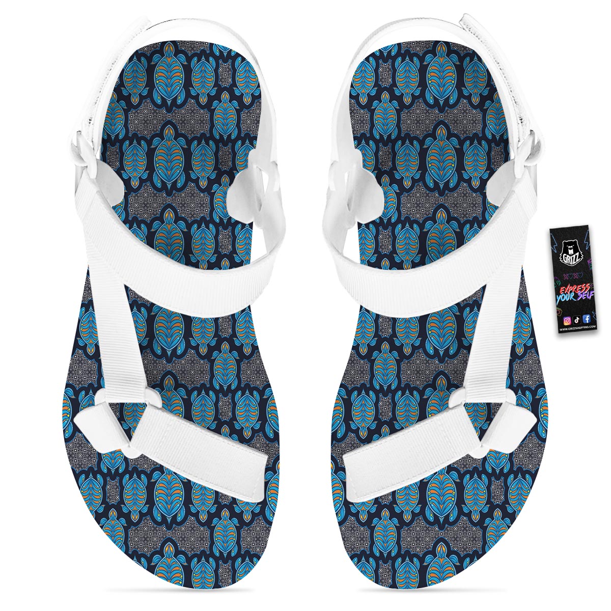 Sea Turtle Retro Print Pattern White Open Toe Sandals-grizzshop