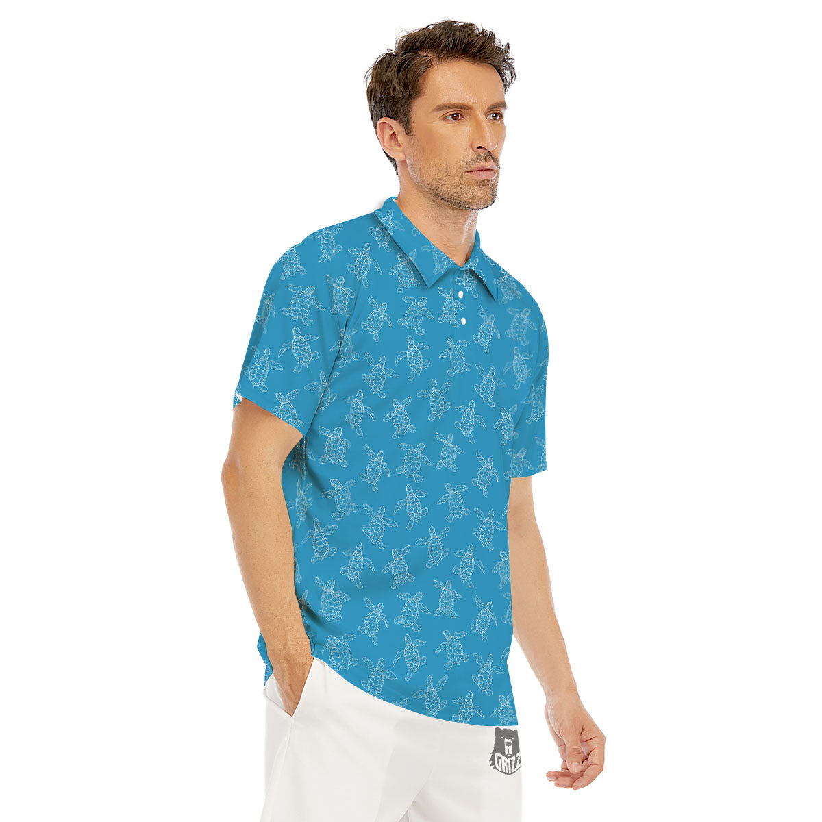 Sea Turtle White And Blue Print Pattern Men's Golf Shirts-grizzshop