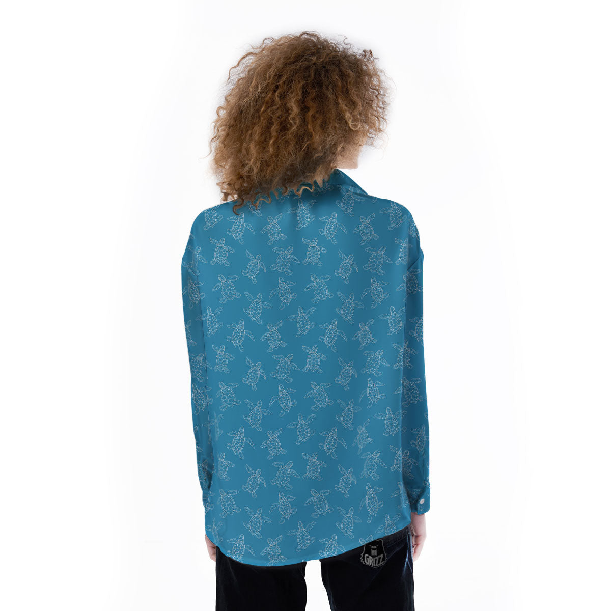Sea Turtle White And Blue Print Pattern Women's Long Sleeve Shirts-grizzshop