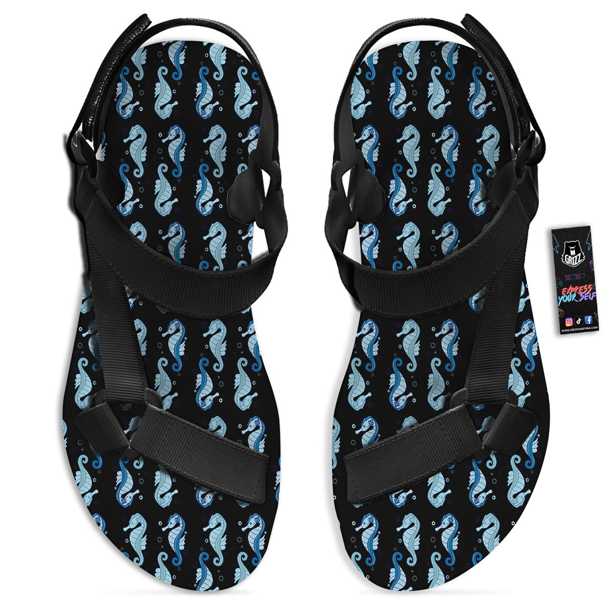 Seahorse Blue Print Pattern Black Open Toe Sandals-grizzshop