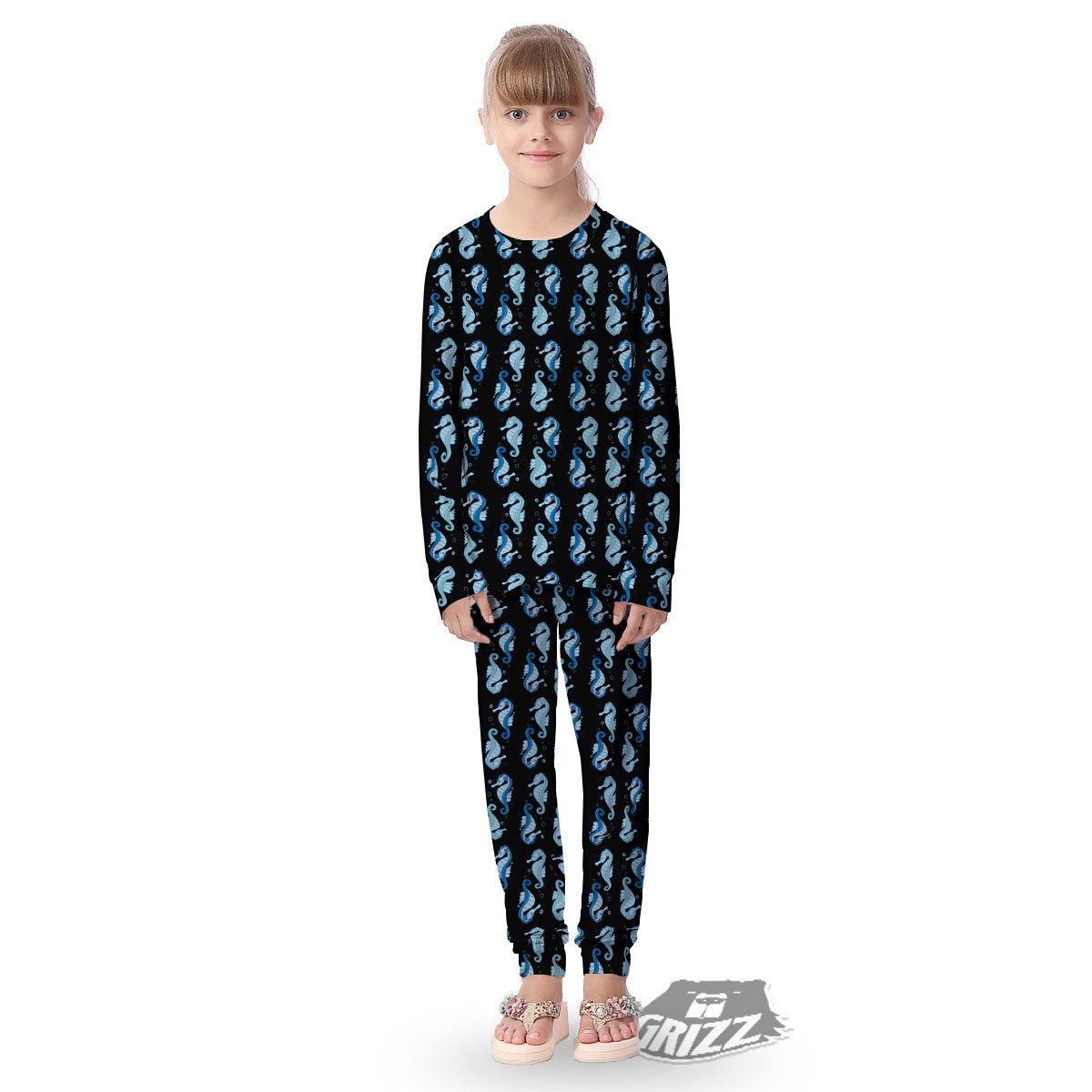 Seahorse Blue Print Pattern Kid's Pajamas-grizzshop
