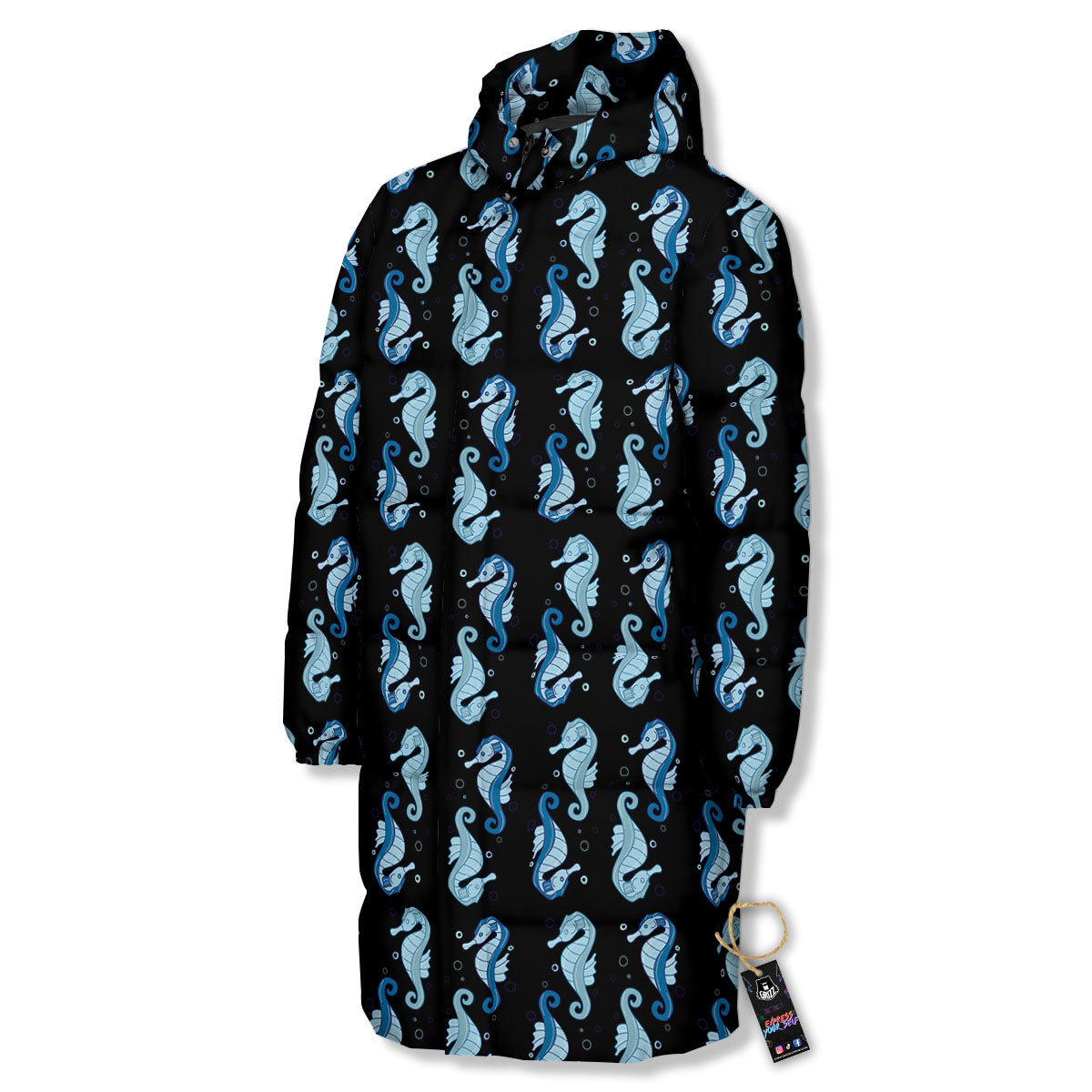 Seahorse Blue Print Pattern Long Down Jacket-grizzshop