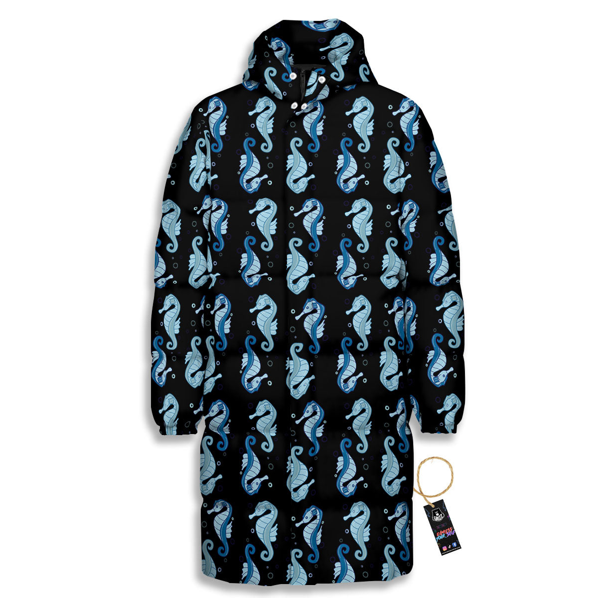 Seahorse Blue Print Pattern Long Down Jacket-grizzshop