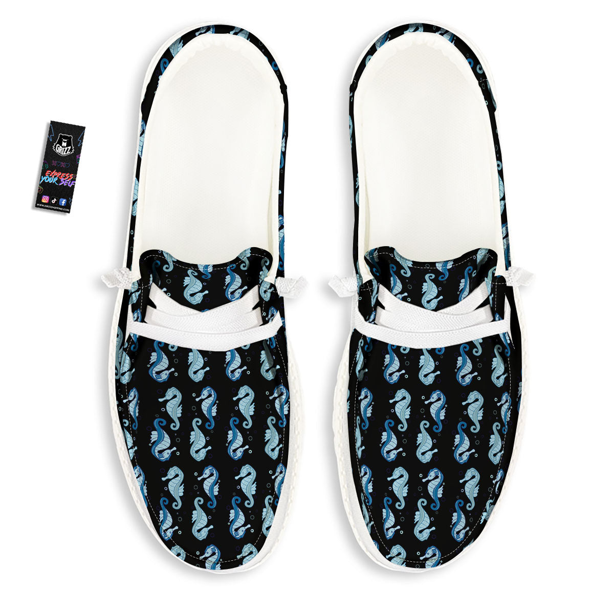 Seahorse Blue Print Pattern White Loafers-grizzshop