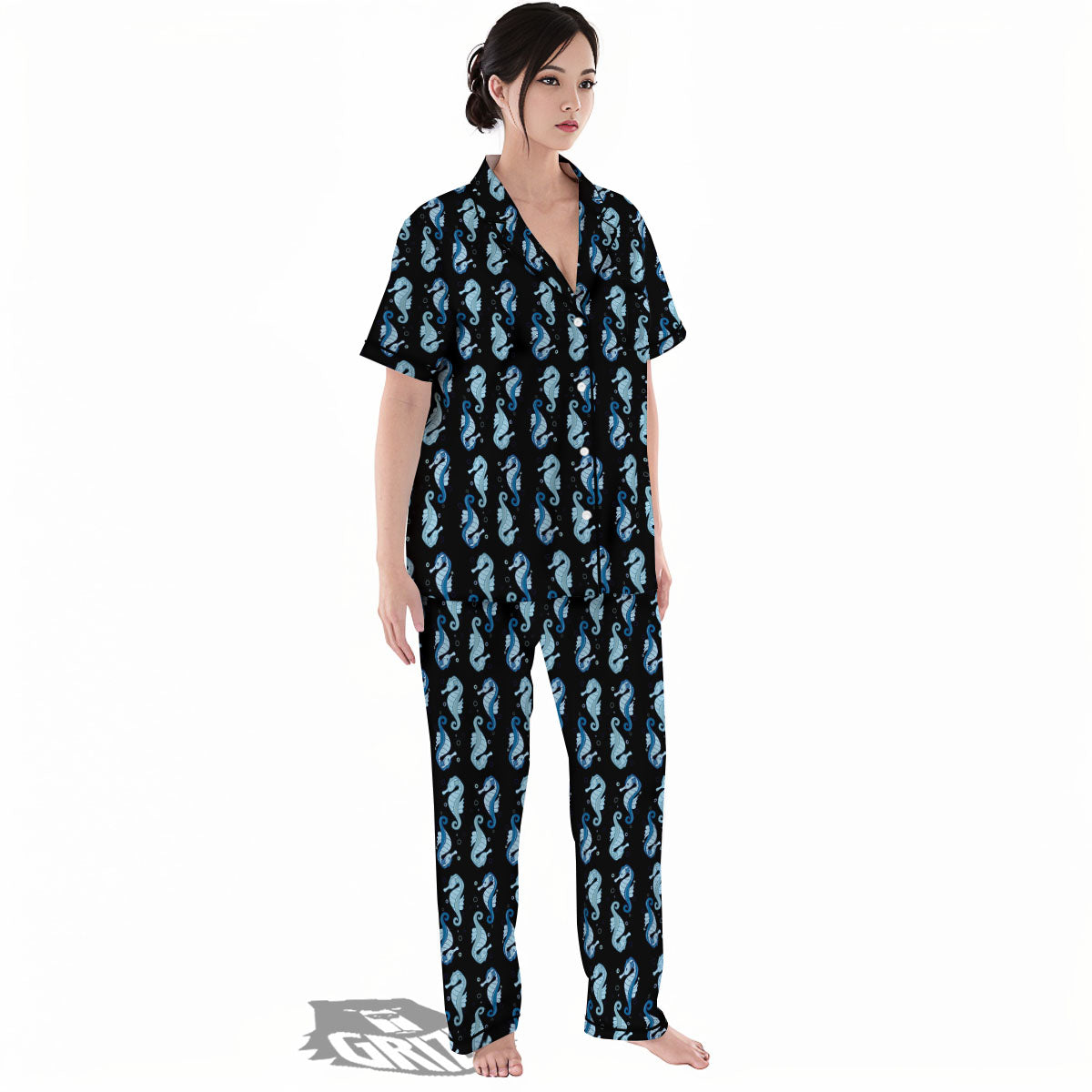 Seahorse Blue Print Pattern Women's Pajamas Set-grizzshop