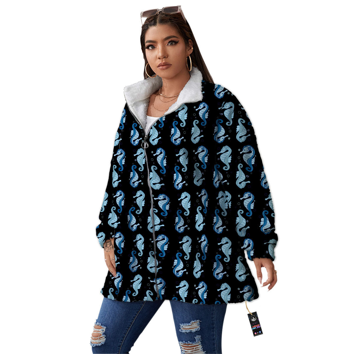 Seahorse Blue Print Pattern Women's Sherpa Jacket-grizzshop