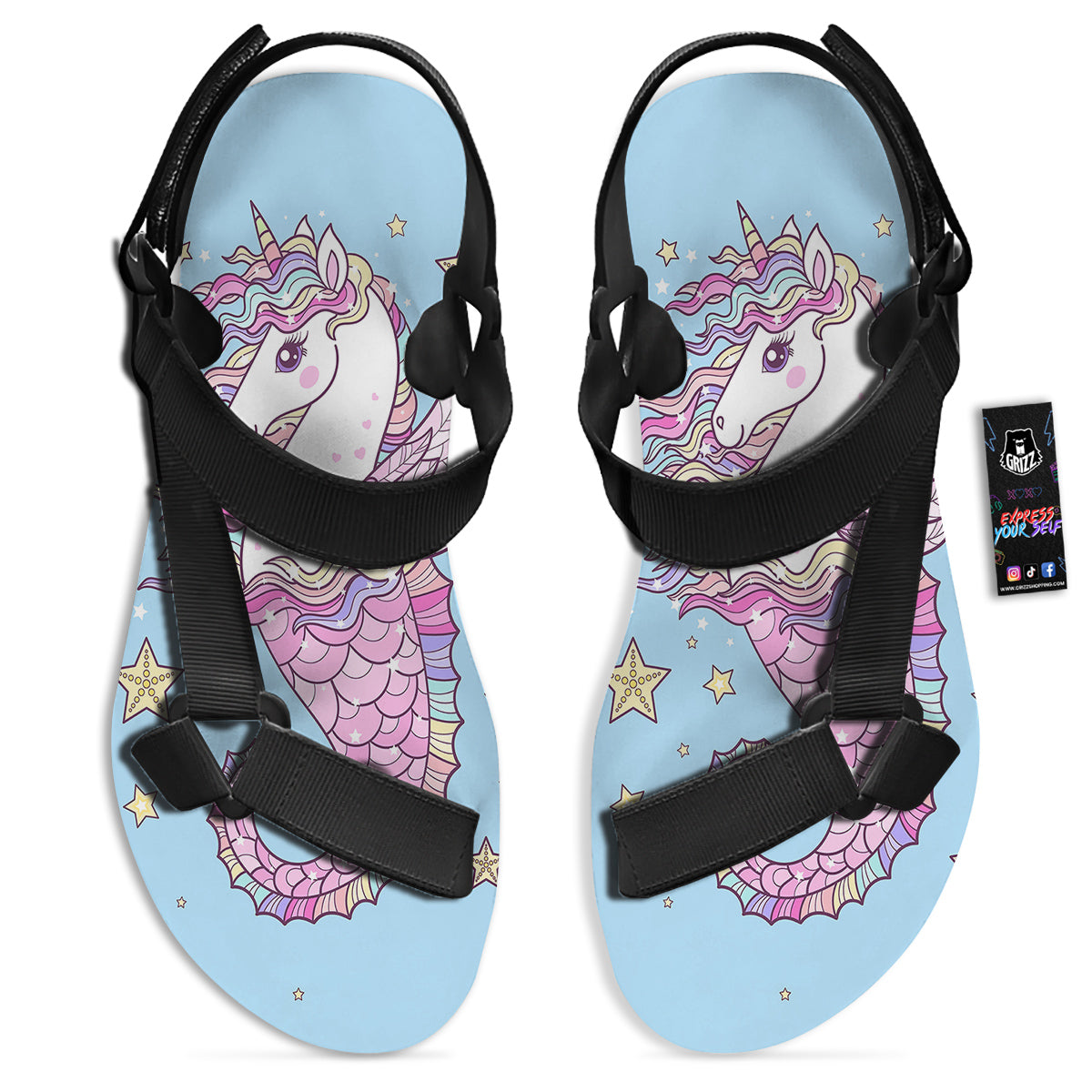 Seahorse Colorful Print Black Open Toe Sandals-grizzshop