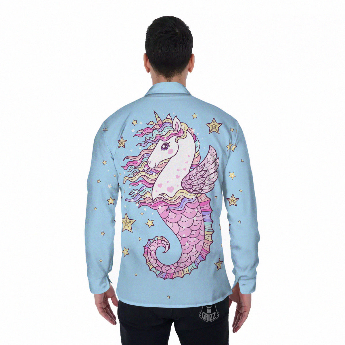 Seahorse Colorful Print Men's Long Sleeve Shirts-grizzshop