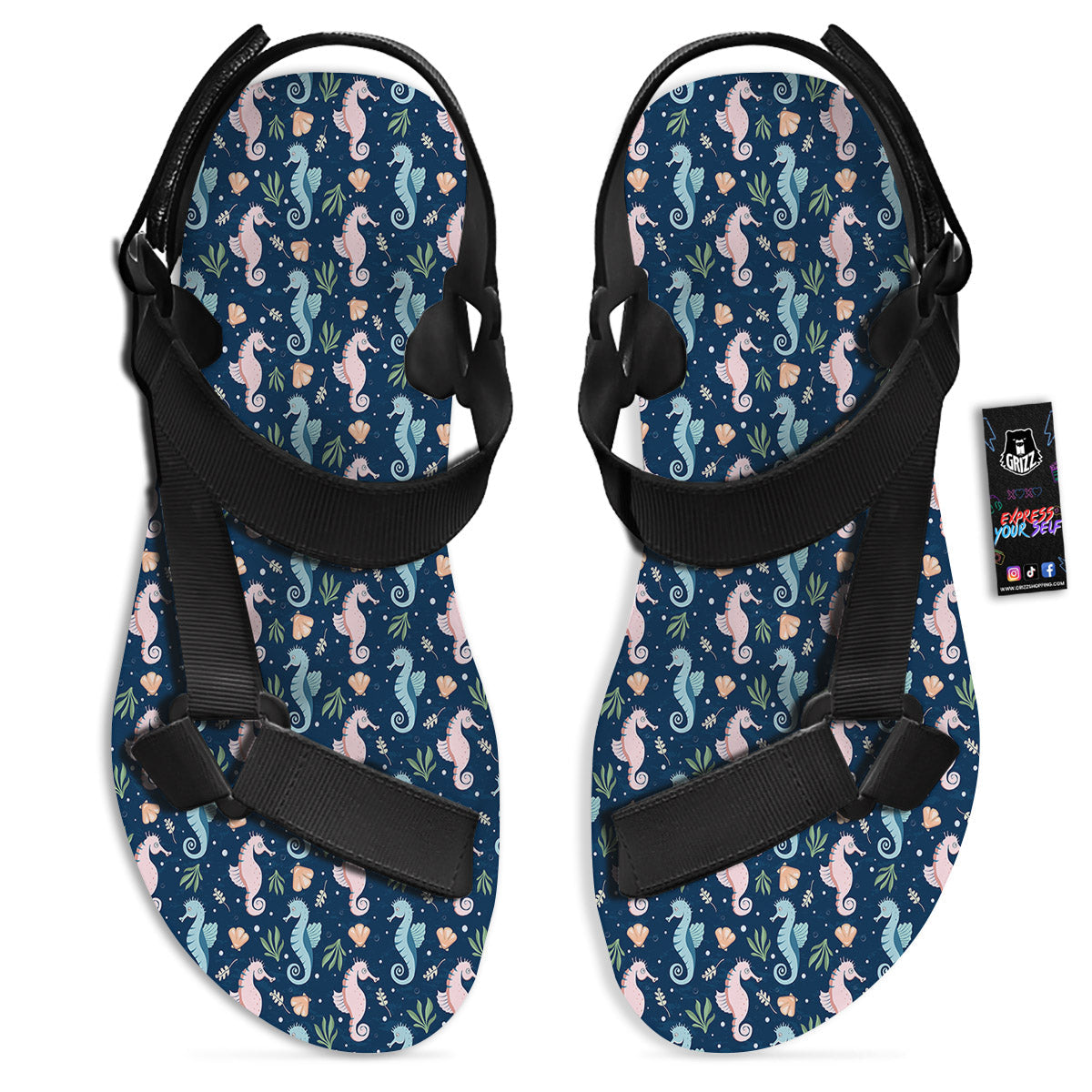 Seahorse Colorful Print Pattern Black Open Toe Sandals-grizzshop