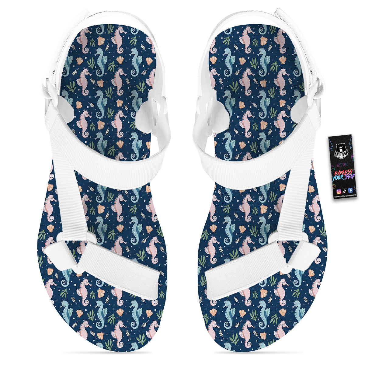 Seahorse Colorful Print Pattern White Open Toe Sandals-grizzshop