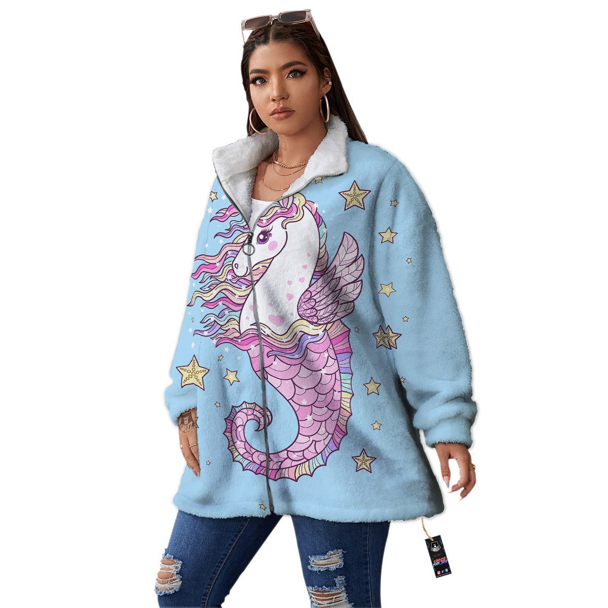Seahorse Colorful Print Women's Sherpa Jacket-grizzshop